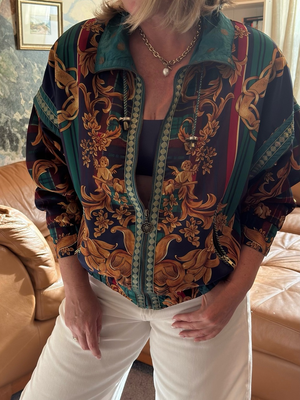 Vintage 90s Epogee Baroque Print Windbreaker Jacket Women M Made in Korea Zip